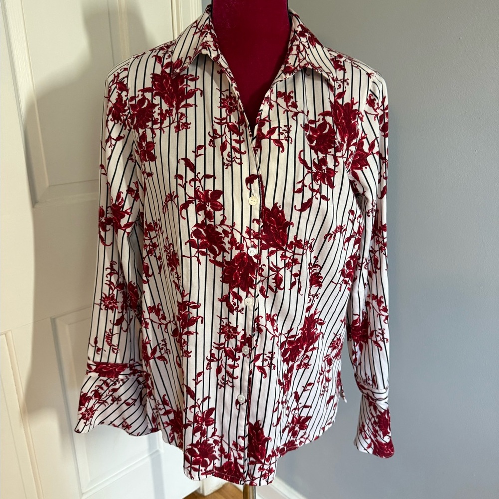 Foxcroft Red and White Casual Button Down Shirt with Floral Stripes